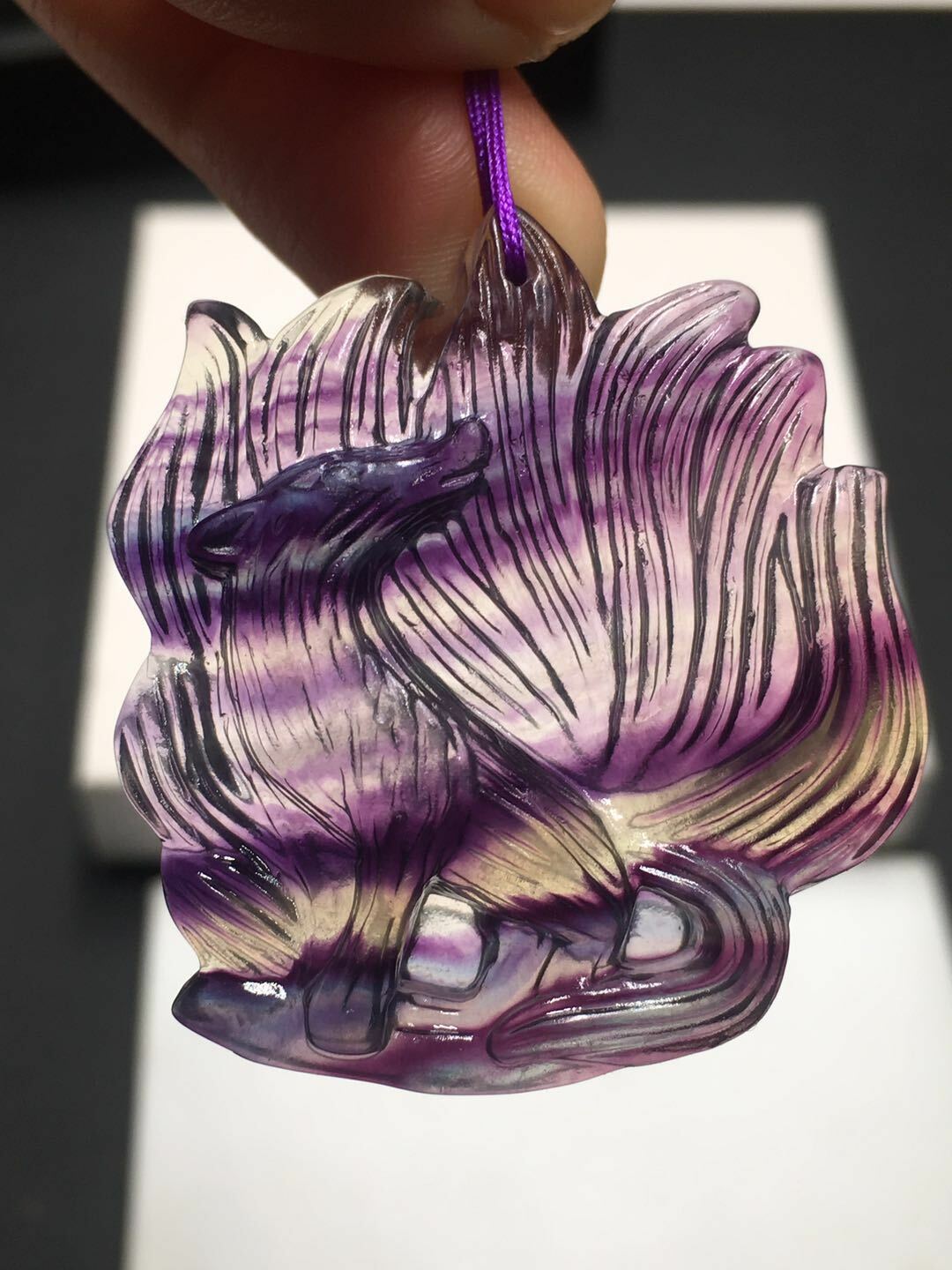 Natural Colorful Rainbow Fluorite Quartz Crystal Carved Nine-Tail Fox Pendant