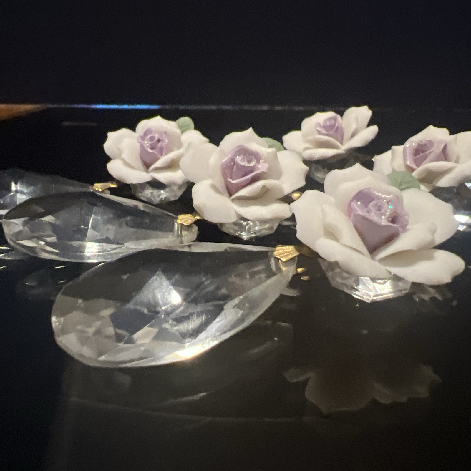 Set of 5 Replacement Hanging Crystals With Applied Porcelain Roses Cottagecore