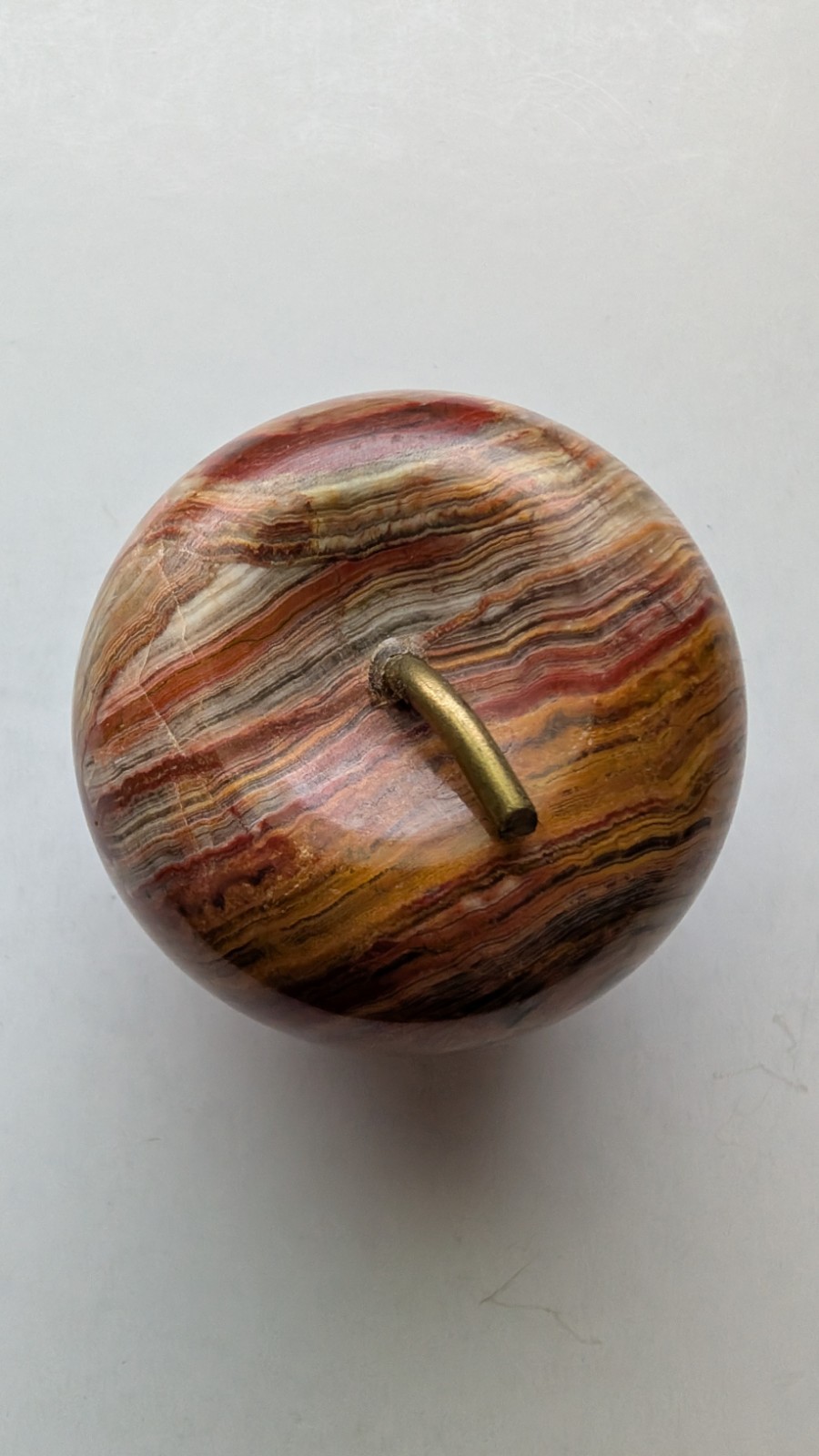 Vintage Carved Banded Onyx Marble Apple Brass Stem Paperweight MCM Teacher