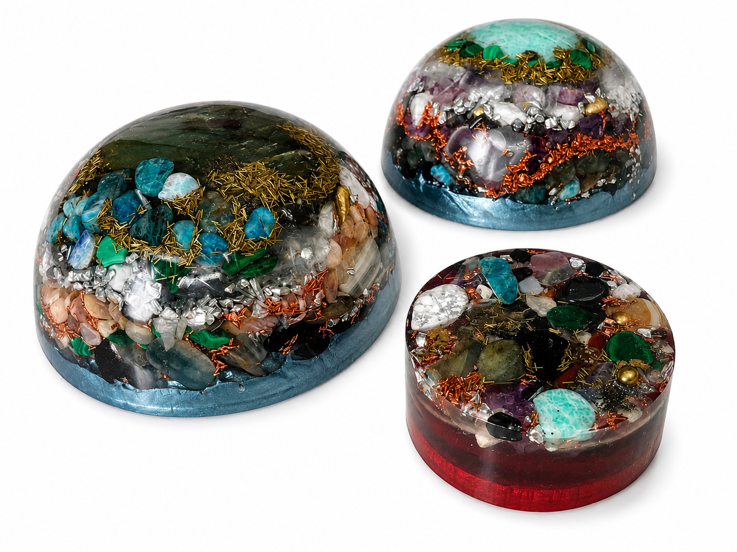 3 Pc Orgonite Crystal Dome Set Handmade Resin Gemstone Meditation Decor