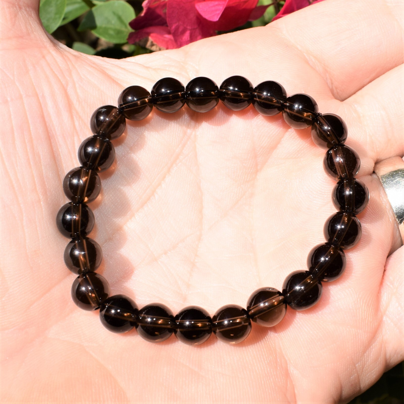 CHARGED Smokey Quartz Crystal 8mm Stretchy Bracelet + Baby Selenite Puffy Heart