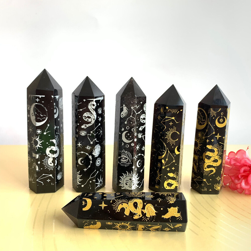 Natural Obsidian Quartz Crystal Obelisk Wand Point Hexagonal Prism Reiki Healing
