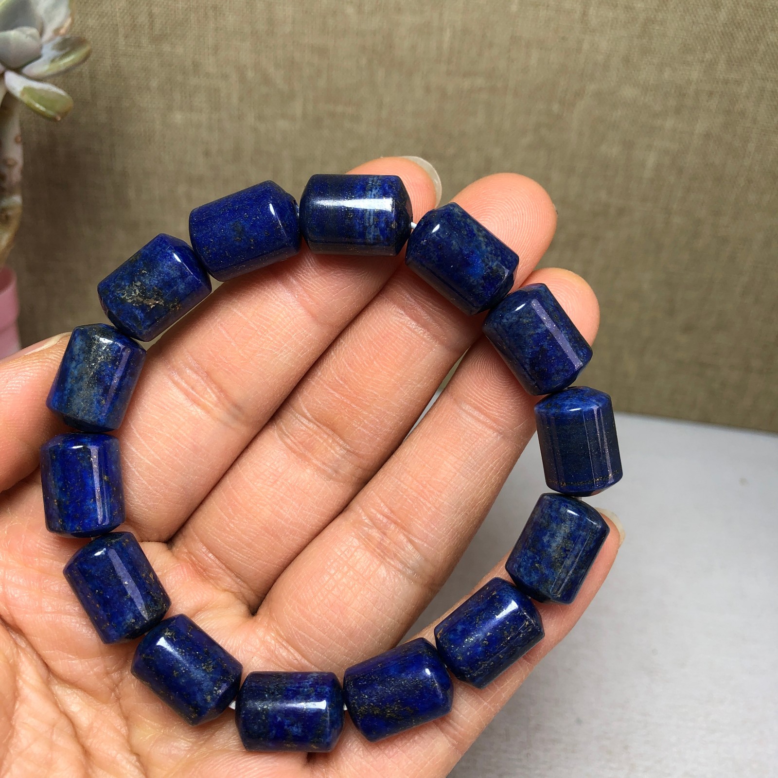 Natural lapis lazuli Bracelet Brown Gemstone Stretch Bucket bead Handmade A3703