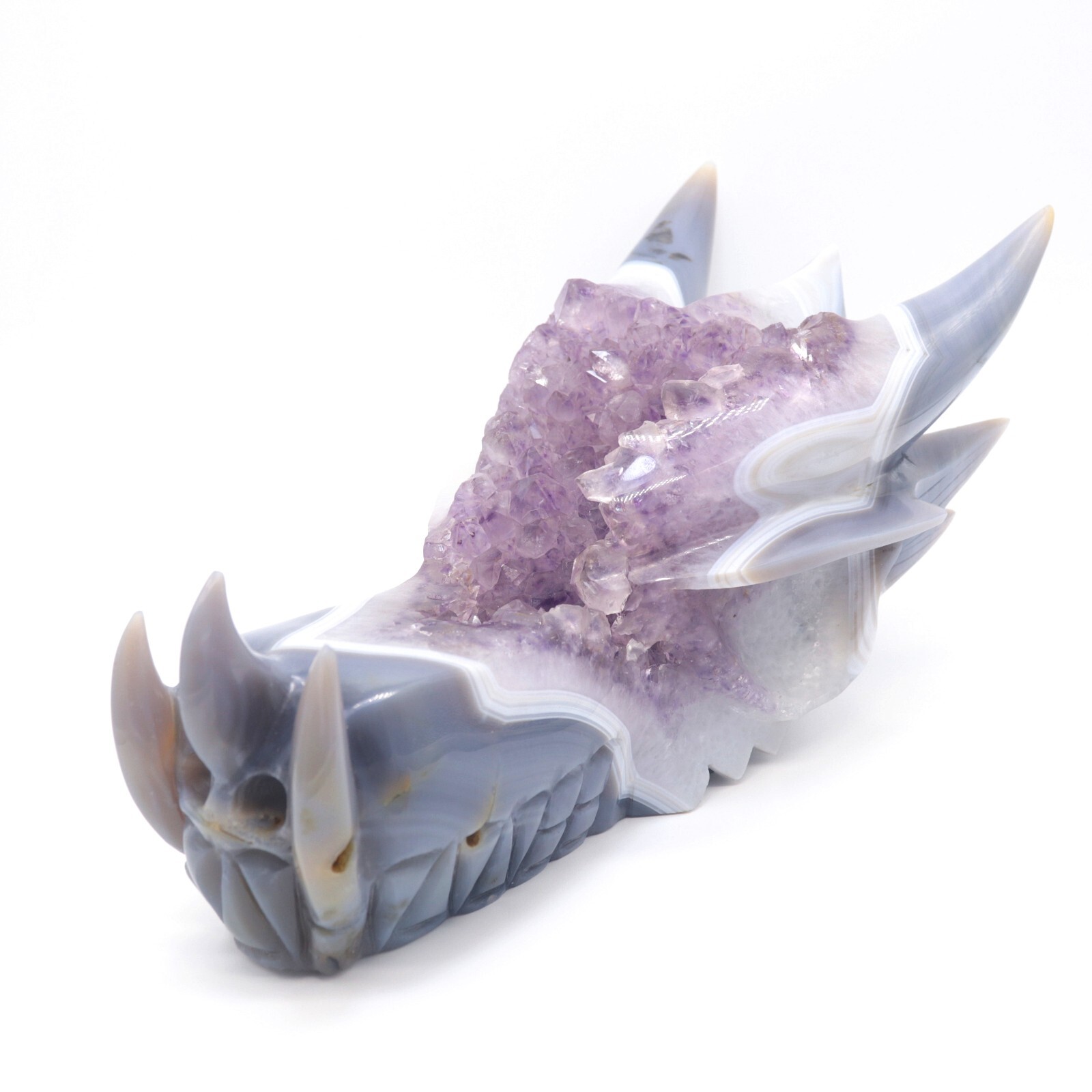 10″ Agate Amethyst Cluster Hand Carved Dreagon Head Sculpture, Crystal Healing