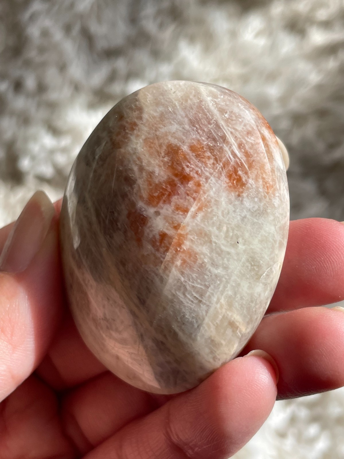 Rainbow Moonstone with Sunstone Palmstone, Medium – Light Flashes (MT)