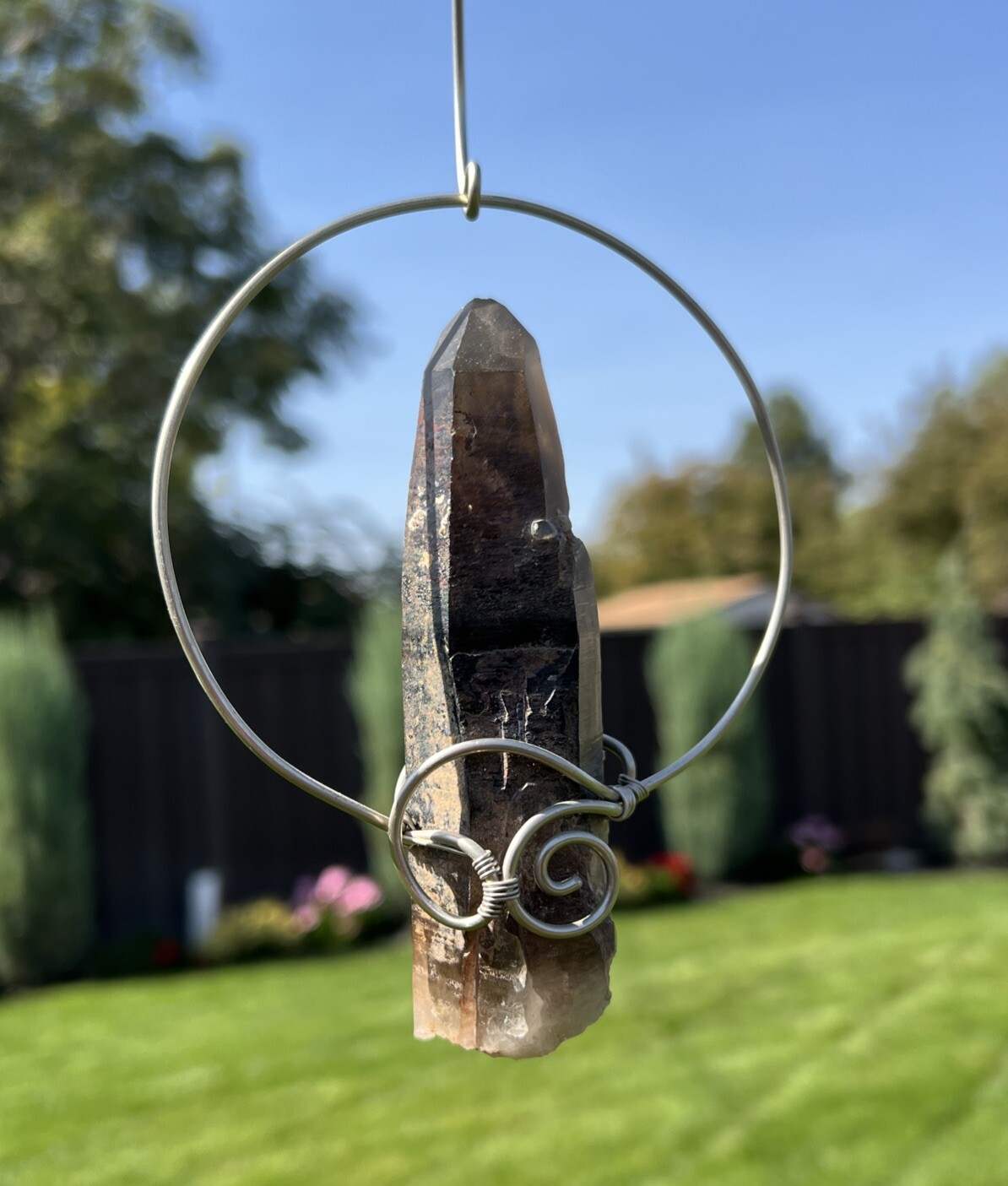 Floating smoky Quartz natural Crystal Sculpture Decoration Hanging Stone #2