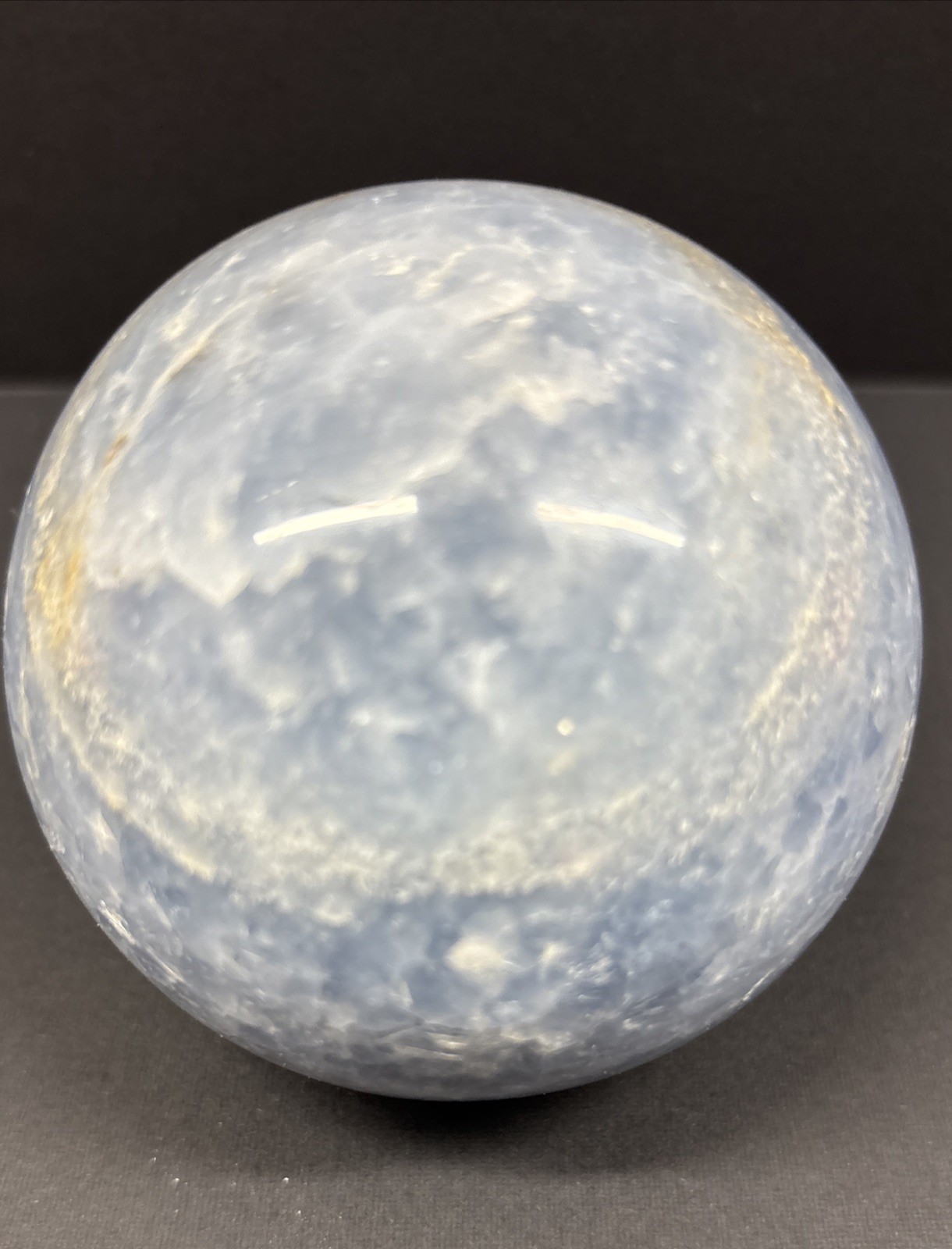 Polished Blue Calcite Sphere. 3.25” Diameter 82.55 mm—1 Lb 11 oz 765grams