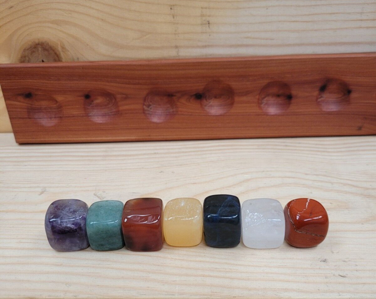 Handmade Wood Base/7 Chakra SquareTumbled Stones/Crystals Set/Pouch/ArtistSigned
