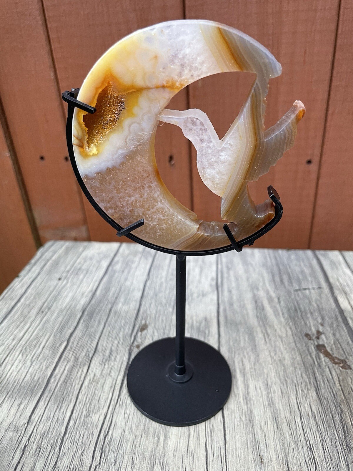 Druzy banded Agate Hummingbird Moon With Stand natural Crystal