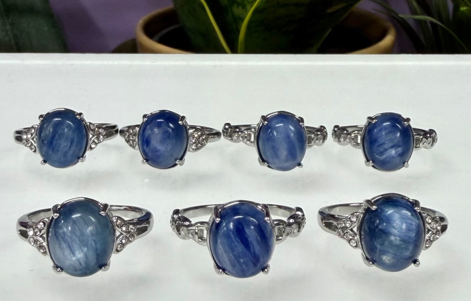 Wholesale 7 Pcs Natural Blue Kyanite Stainless Steel(316) Rings Crystal 10x12mm