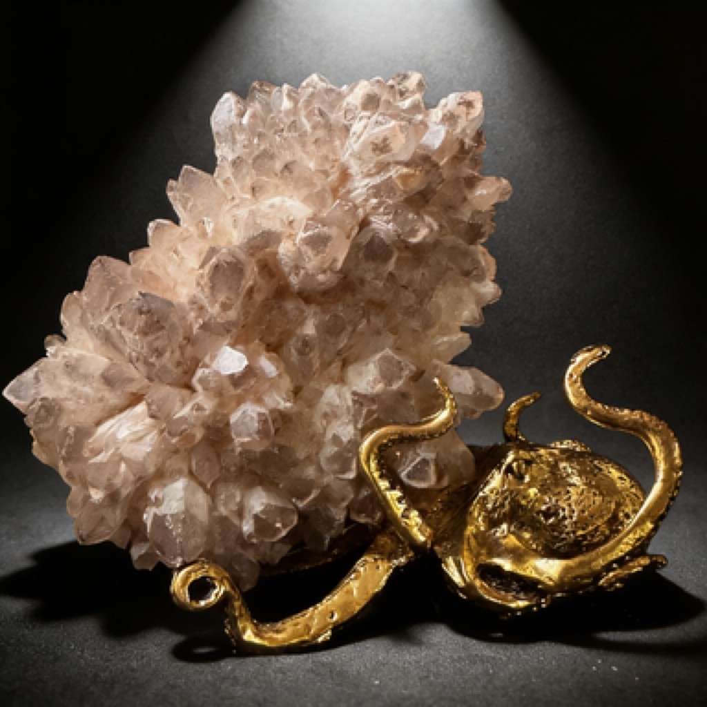 3in Natural Clear Quartz Cluster Sculpture with Metal Octopus Base Decor Piece