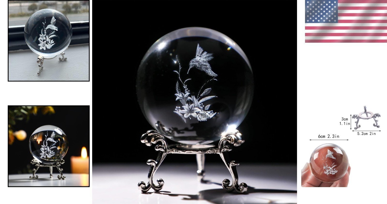 Feng Shui 60mm Hummingbird Crystal Ball Paperweight with Metal Stand – Gift Idea