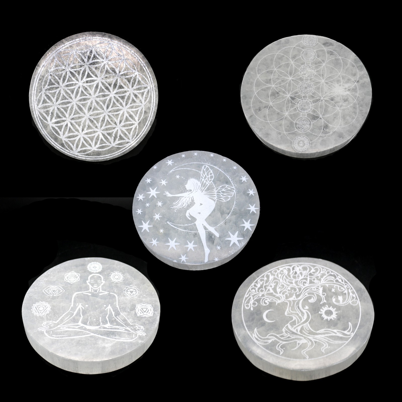 Selenite 4 inch Crystal Engraved Charging and Smudging Plates