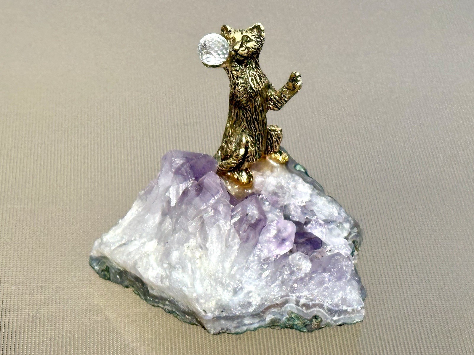 Amethyst Crystal Cluster Geode Slice w/ Brass Metal Cat Figurines Natural Quartz
