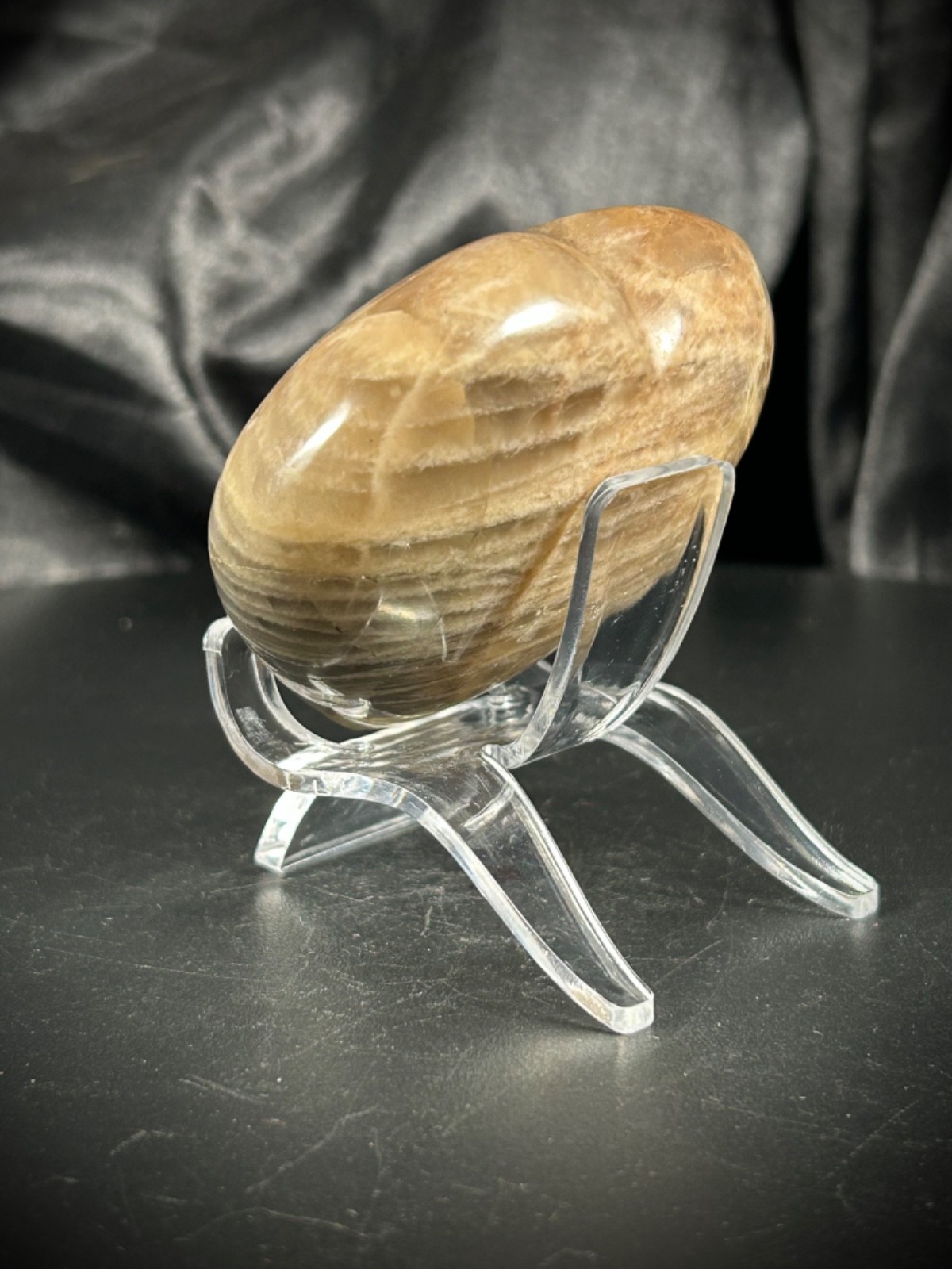 2.79″ Black Peach Moonstone With Acrylic Stand 6.3oz (178 grams)