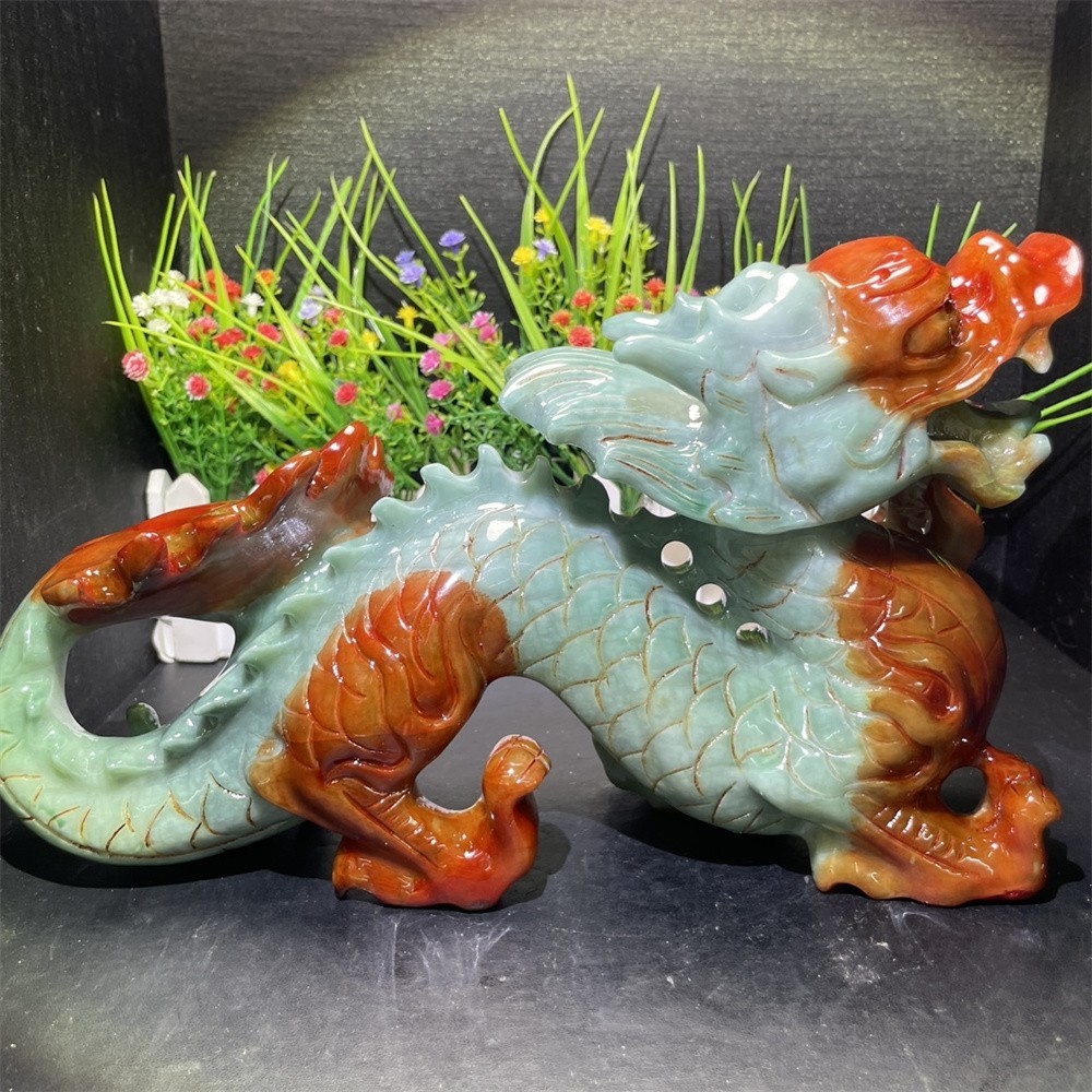 7.4LB 11″ Natural Xiuyan Jade Dragon Decor Crystal Healing Energy Carving Statue