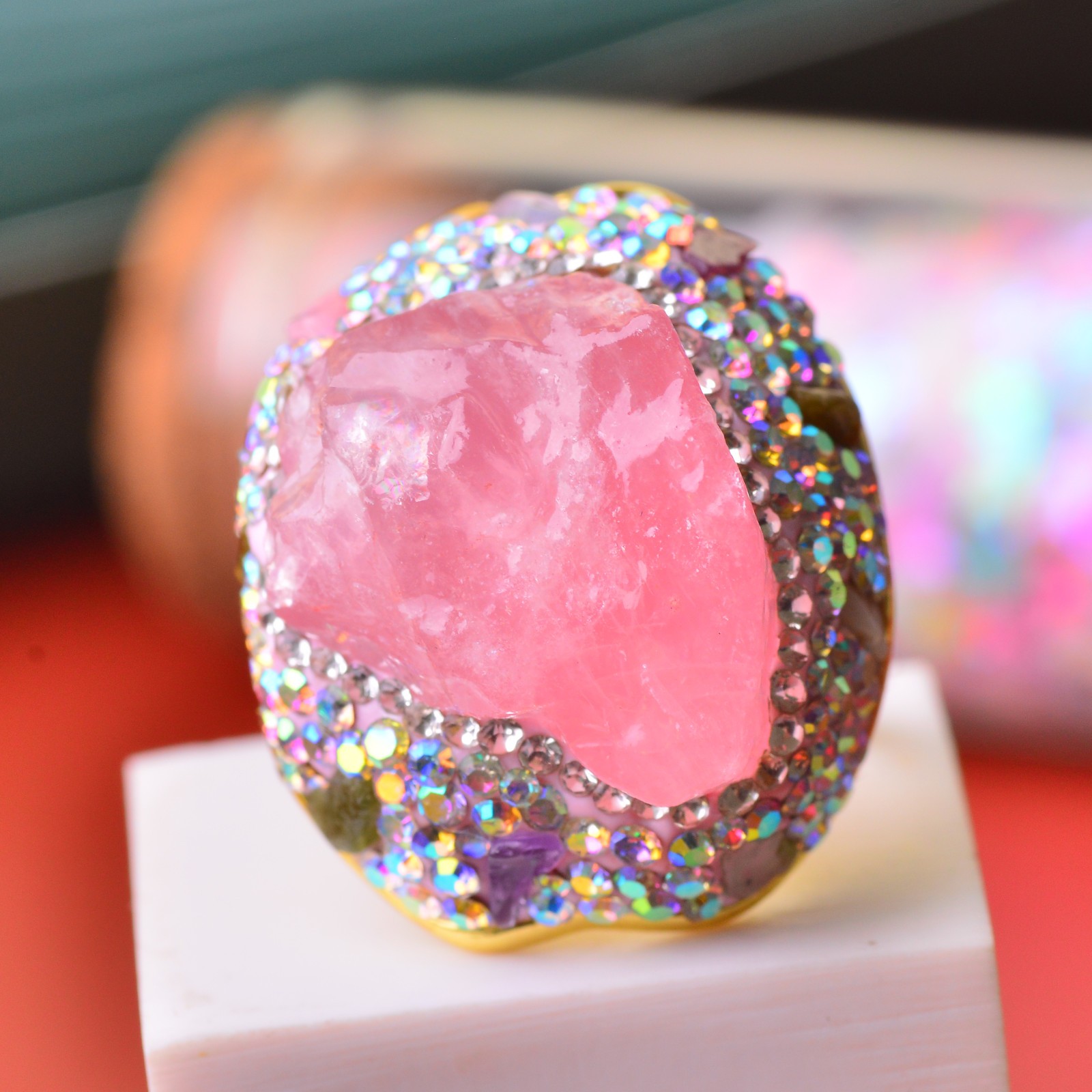 pink quartz ring, alloy inlaid with handmade gemstone jewelry Love Stone