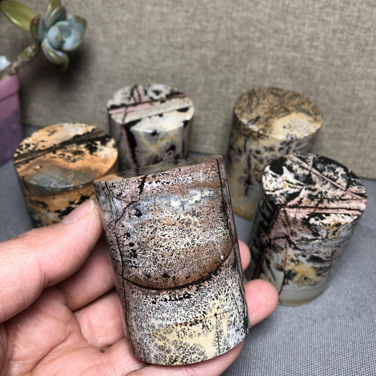 wholesale 5pcs Natural Chinese Painting Stone Quartz Crystal cylinder home decor