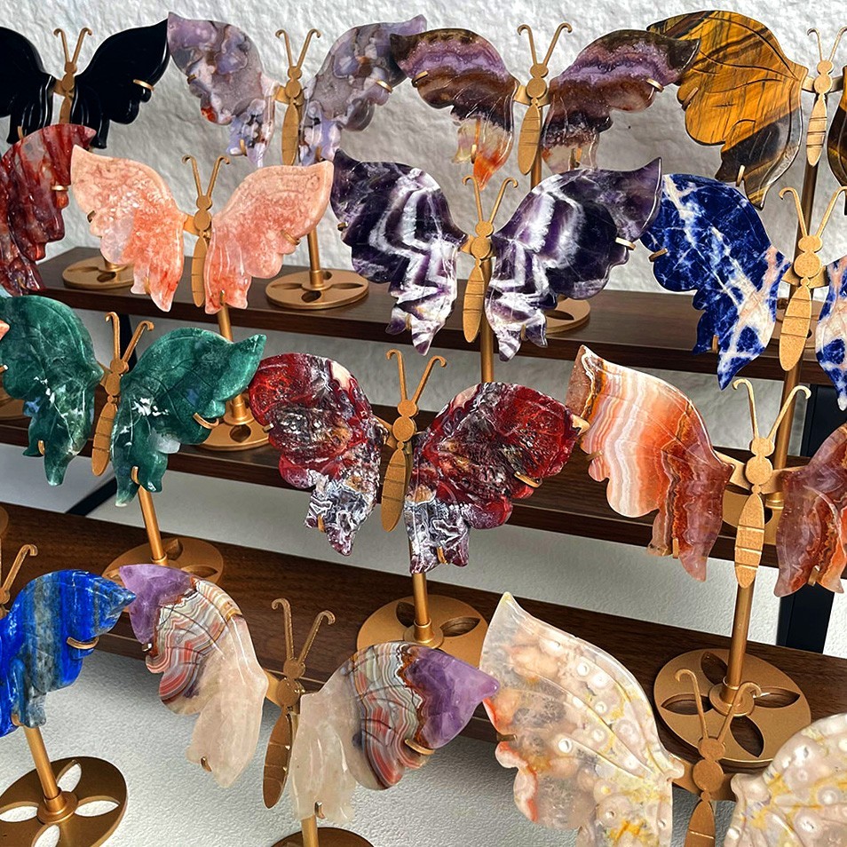 Carved Crystal Butterfly on Stand Natural Healing Stone Figurine Home Decor Gift