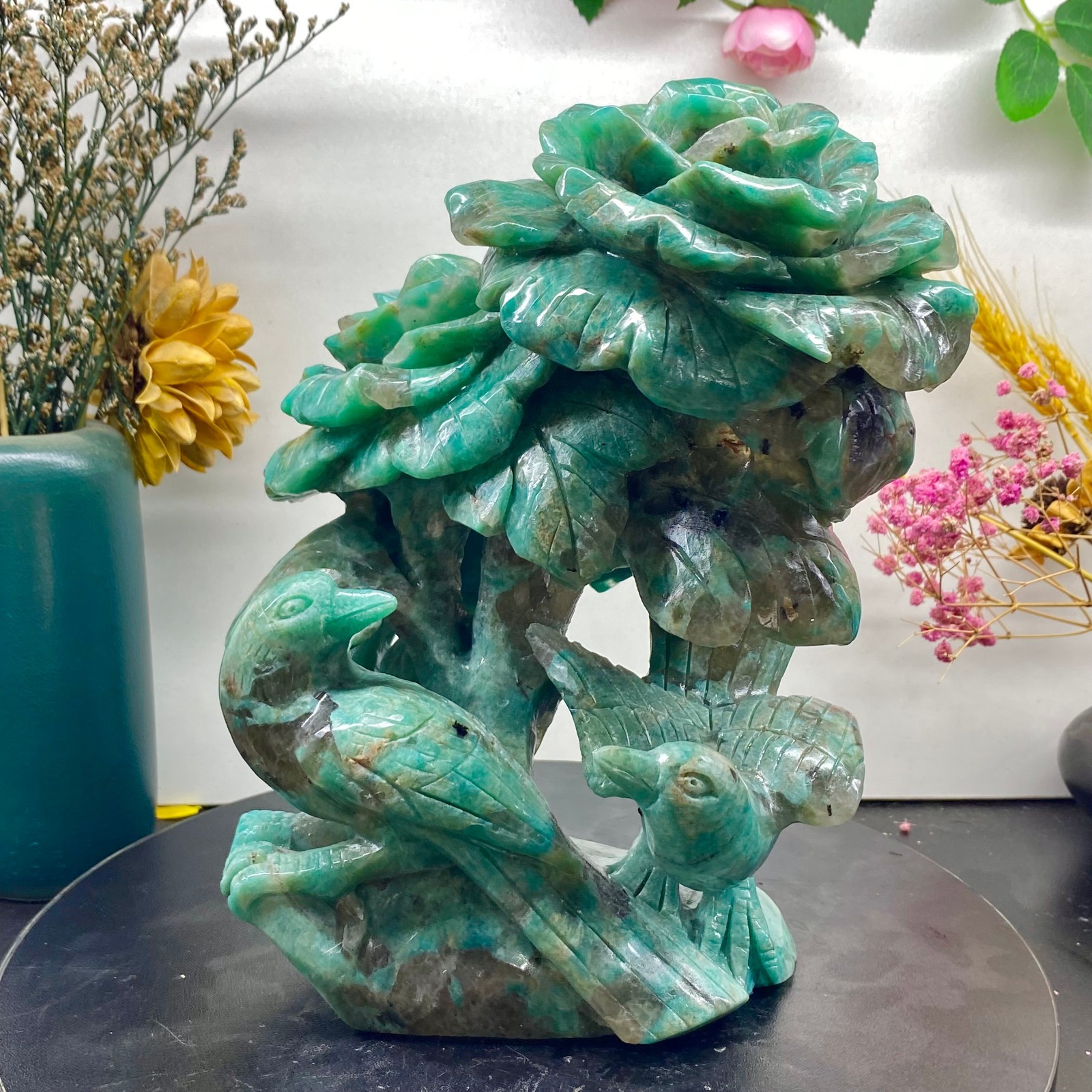6.4LB Natural jade carvings flowers birds magpies crystal spiritual energy