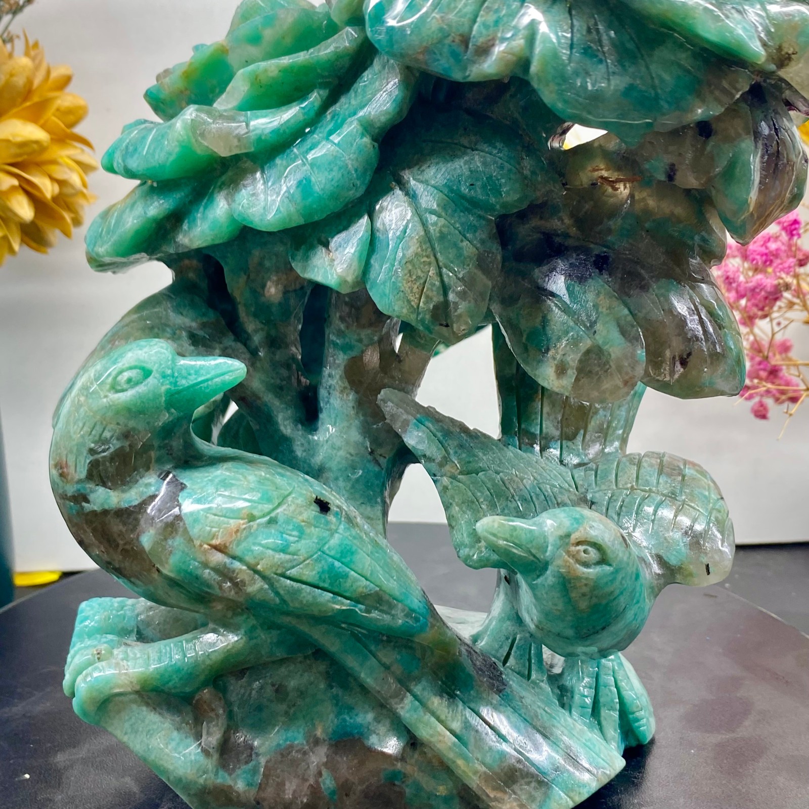 6.4LB Natural jade carvings flowers birds magpies crystal spiritual energy