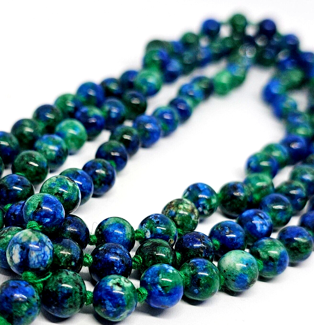 Chrysocolla Bead Necklace 43 Inch Knotted 8mm Gemstone Strand Tassel & Bag