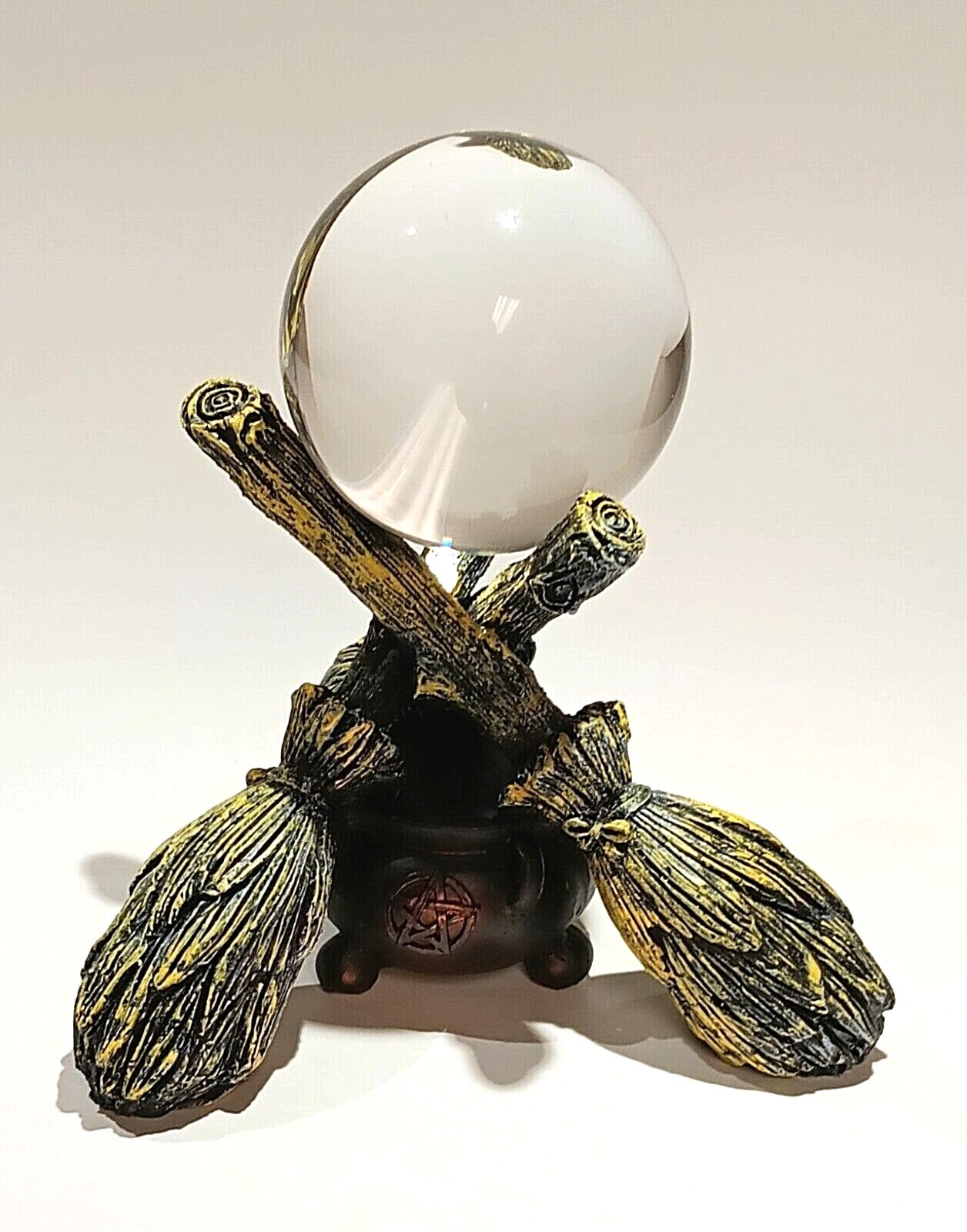 K9 Clear Crystal Ball with Witch Broomstick & Cauldron Stand 4 sizes