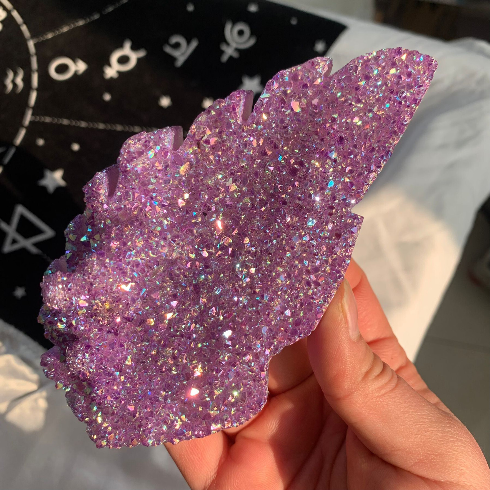 449g Titanium Angel Aura Amethyst Cluster Wings Carving Quartz Crystal+Stand