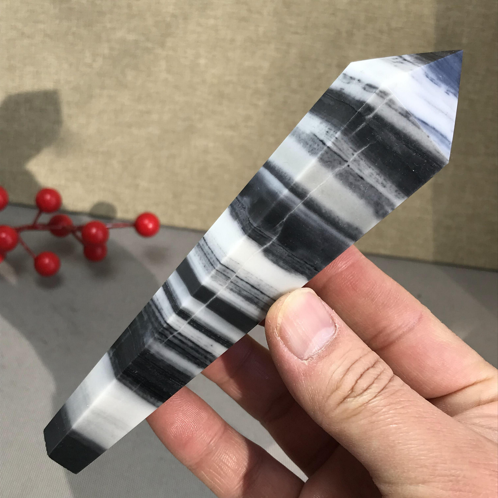 151mm Long Natural Taiji Stone stripe wand Obelisk Crystal specimens 255g A5779