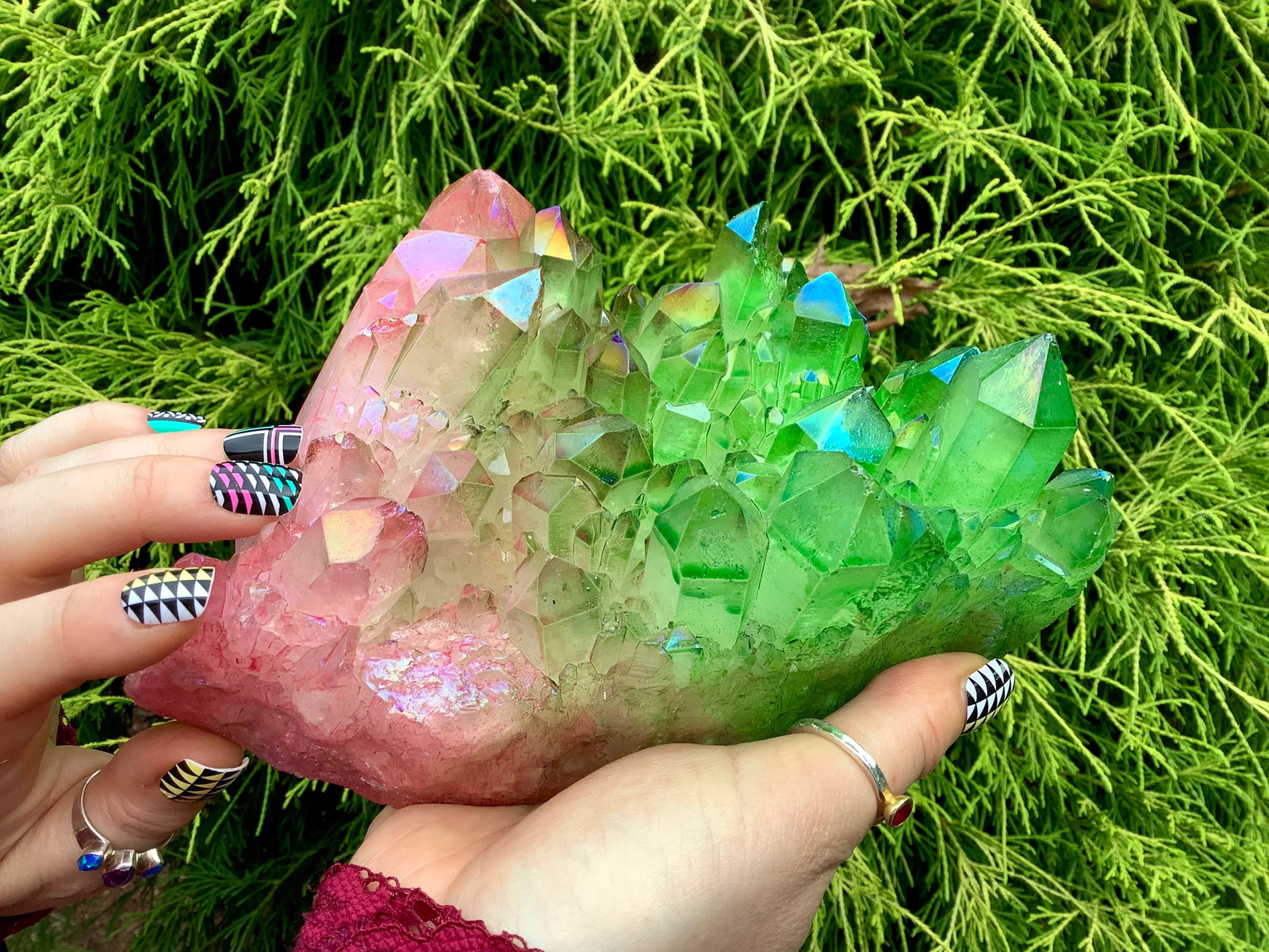 Electric Pink & Green Aura Quartz Crystal Cluster ~ Large 3 Lb. 15 oz. ~ 7″ Lon