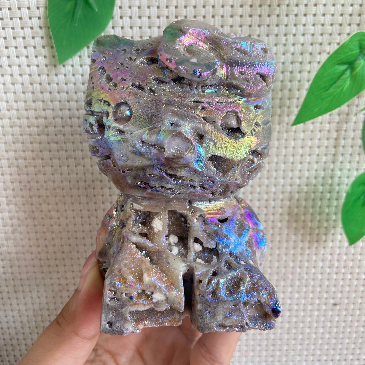 480g Titanium Angel Aura Sphalerite Stone Hello Kitty Carving Crystal Specimen