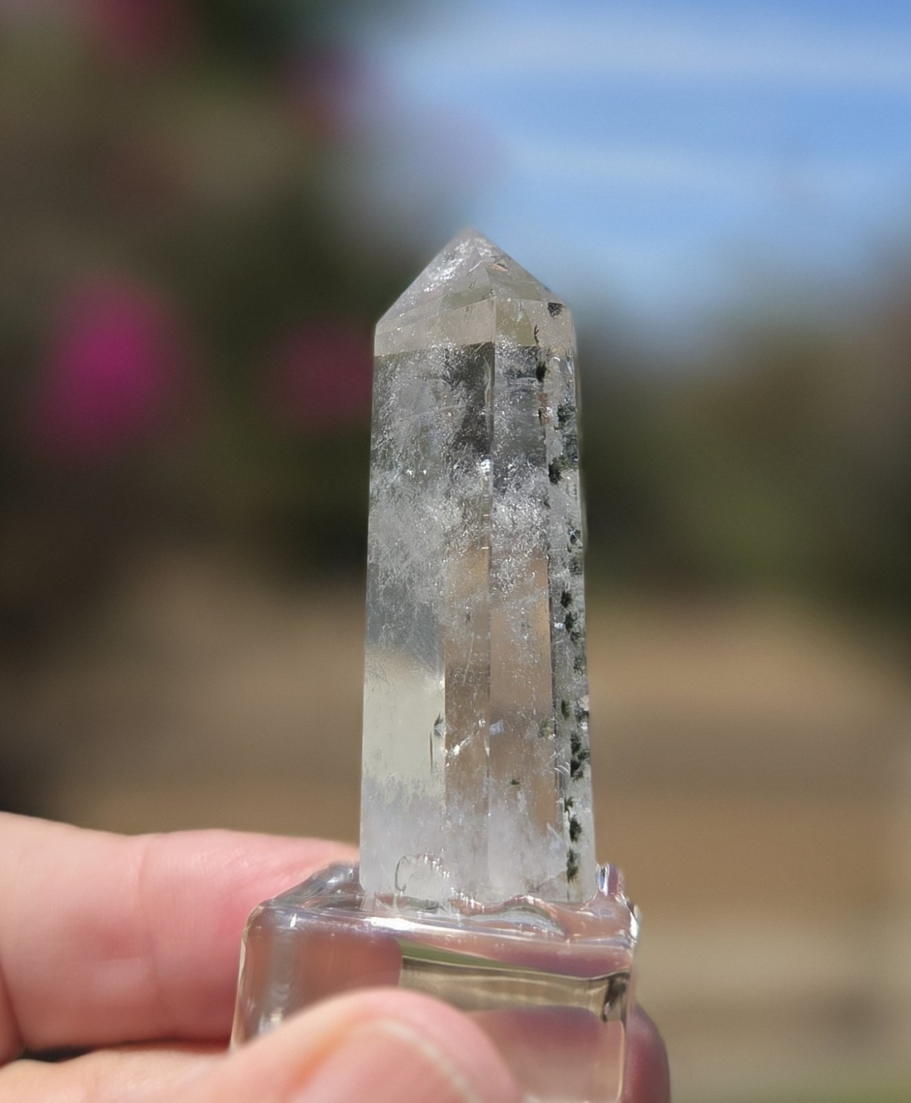 Star Hollandite Quartz point W/Clear Glass Stand