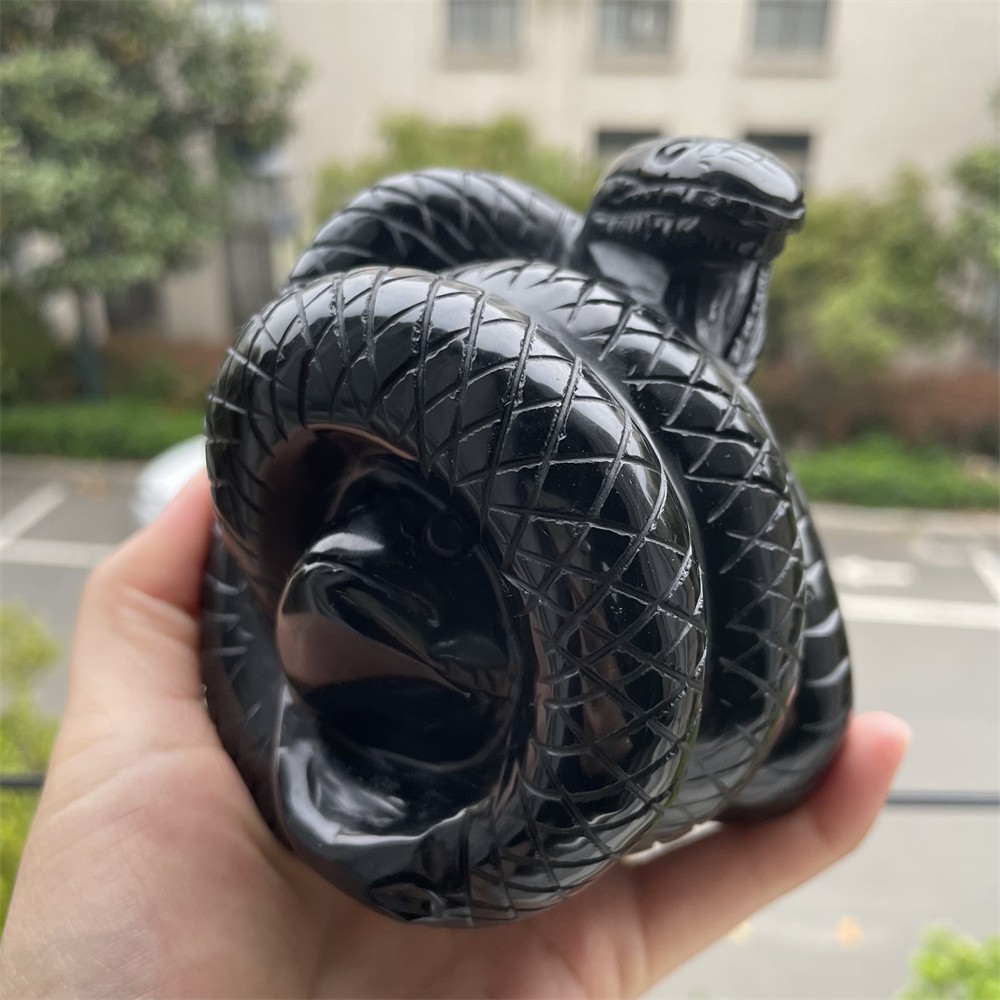 2.2LB 3.6″Natural Black Obsidian Snake Statue Crystal Reiki Heal Carving Decor