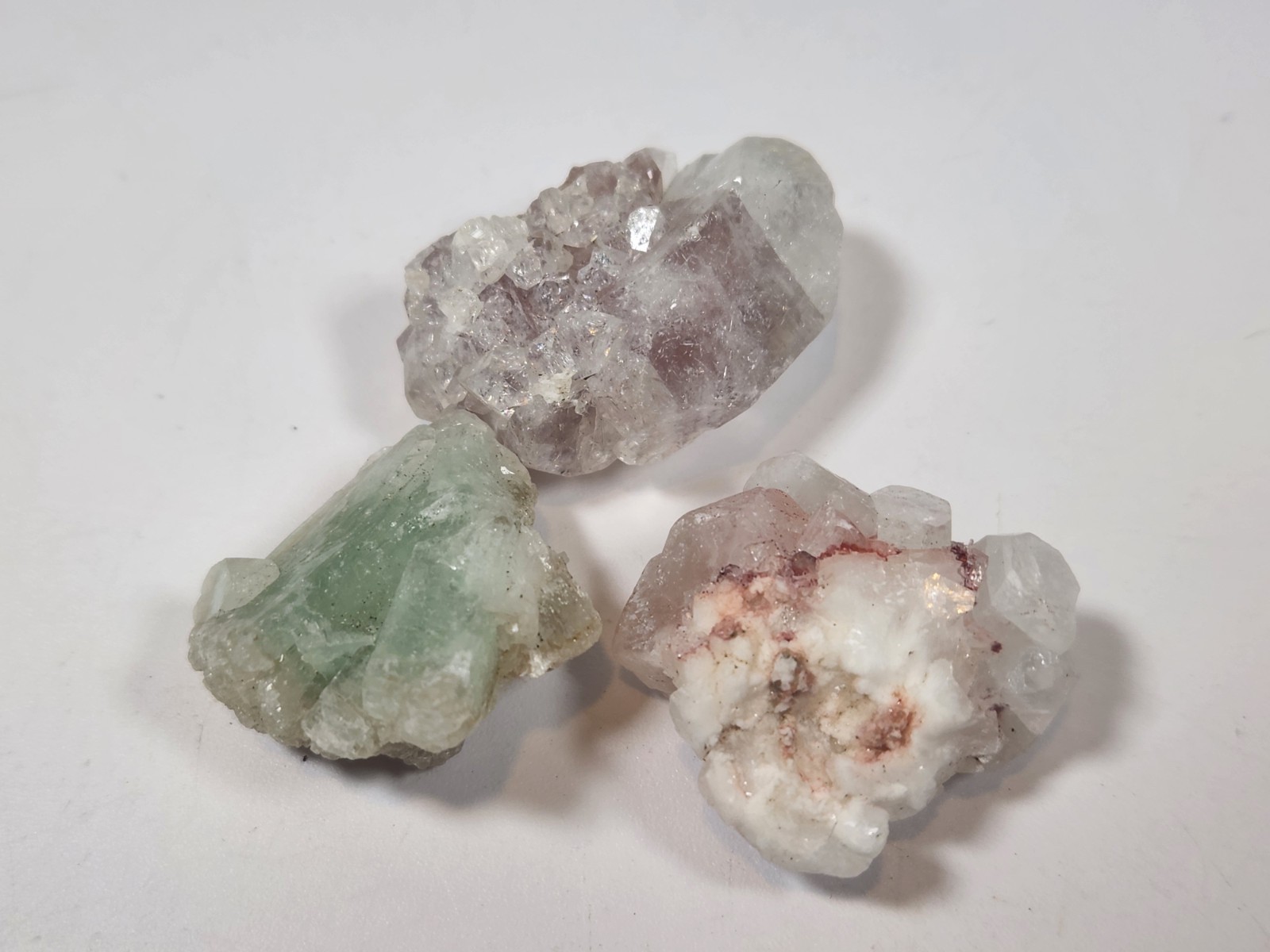apophyllite Lot Of 3 Small crystals Green, Pink, And Red Specimens About 1 Inch