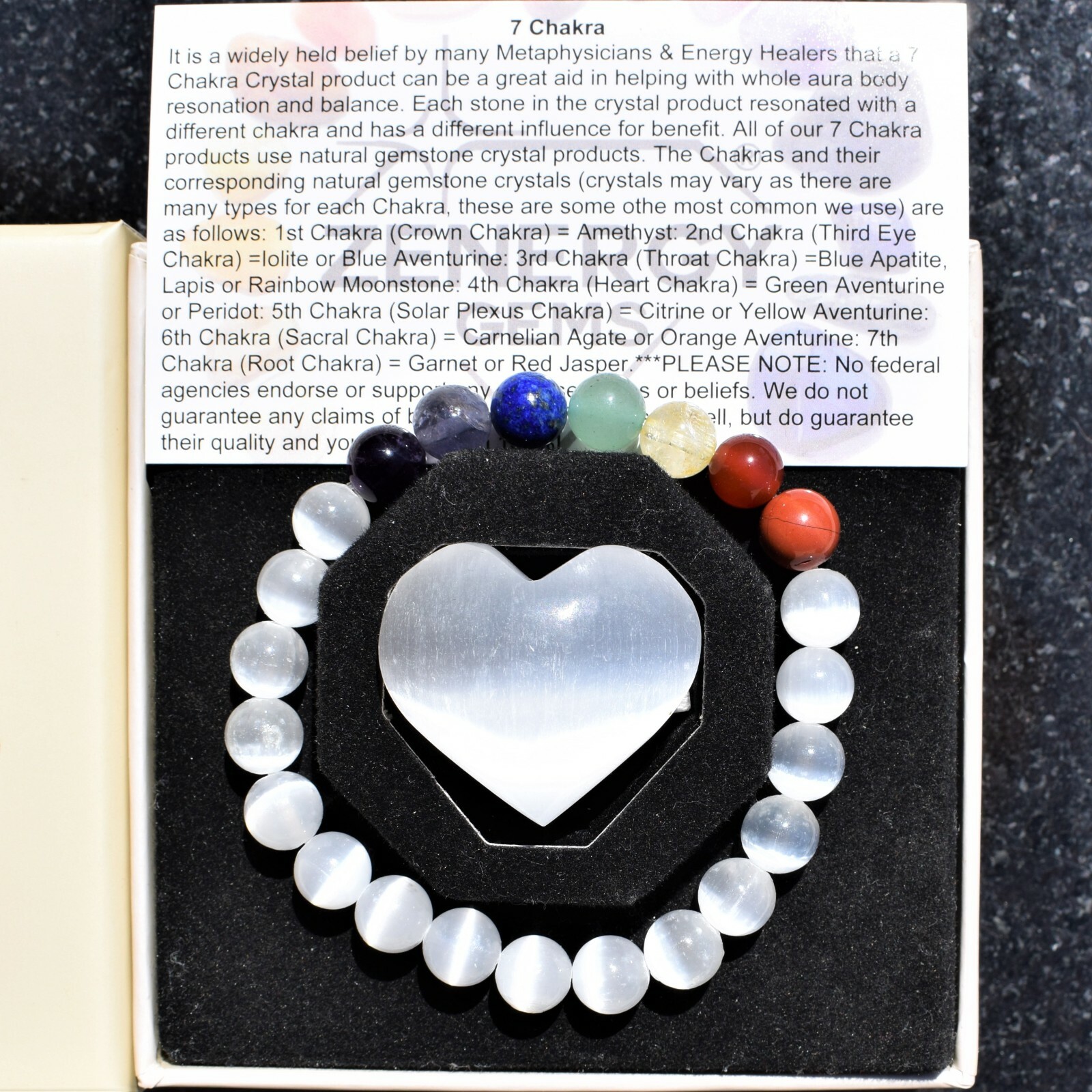 CHARGED 7 Chakra Selenite Crystal Stretchy Bracelet + Selenite Puffy Heart