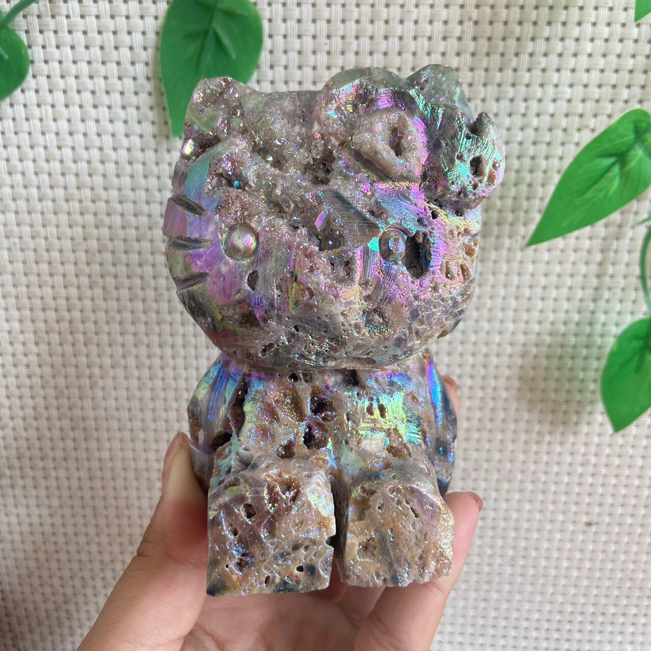 470g Druzy Sphalerite Hello Kitty Cat Carving Titanium Angel Aura Quartz Crystal