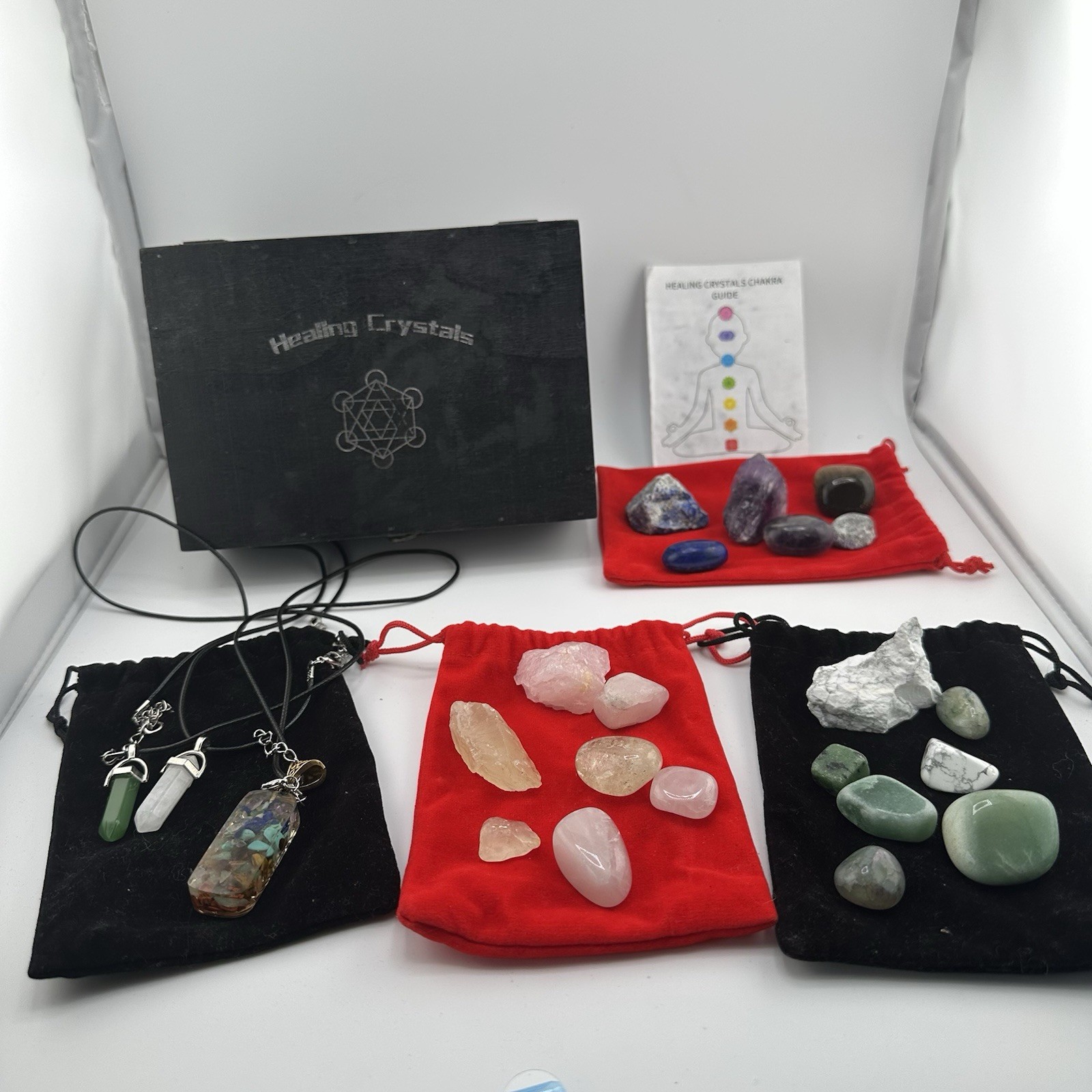 23pc Healing Crystals Chakra Stone Set Gift Box Pendants Rose Quartz