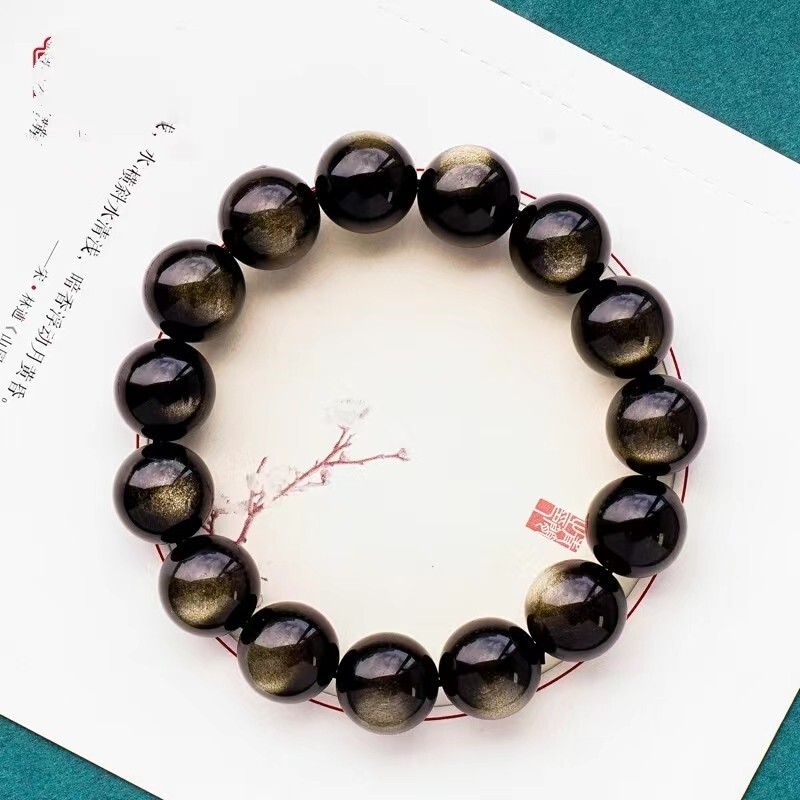 12mm Natural Gold Obsidian Gemstone Crystal Big Round Bead Bracelet AAAA