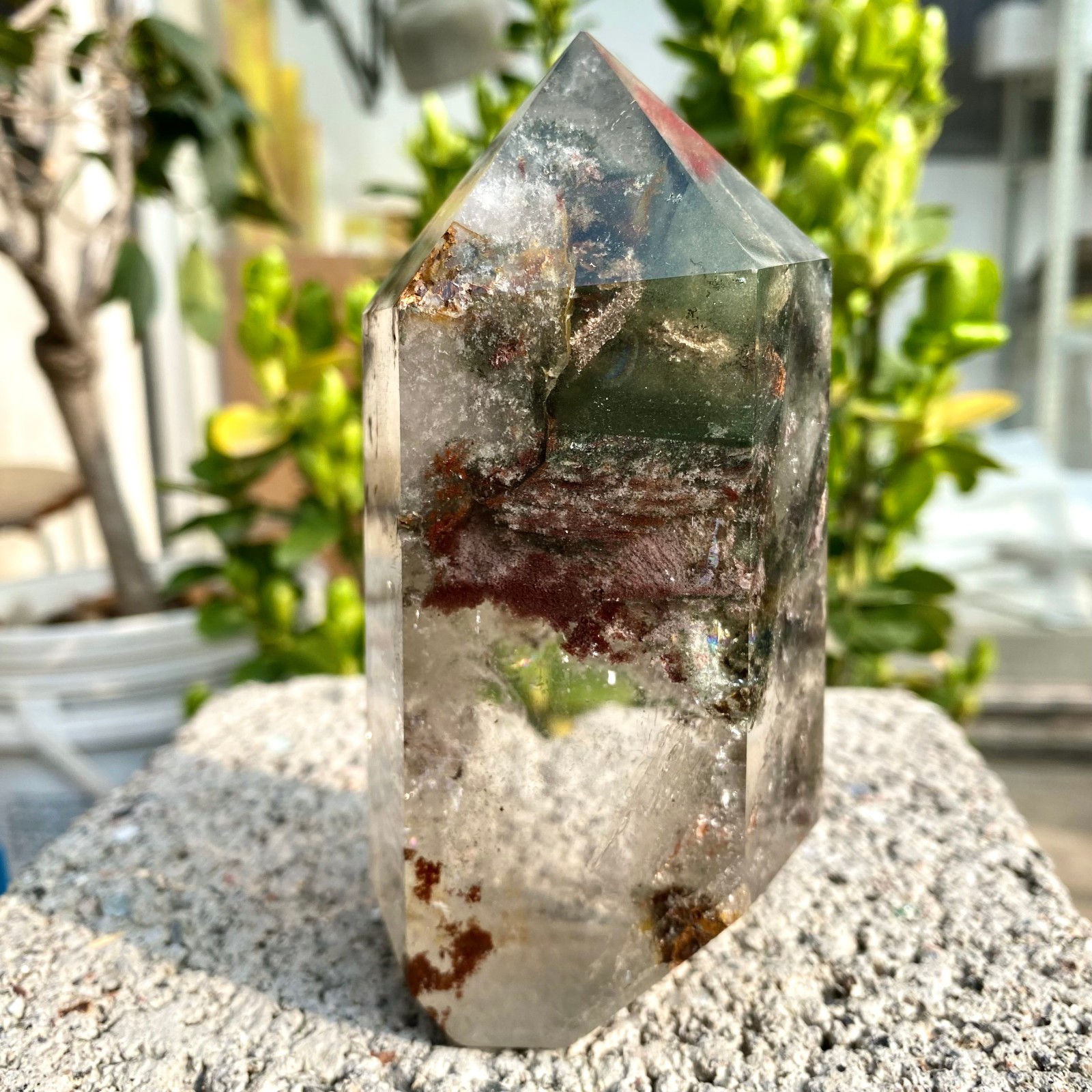 1.33LB Natural Green Ghost Phantom Quartz Crystal Obelisk Tower Rod restoration