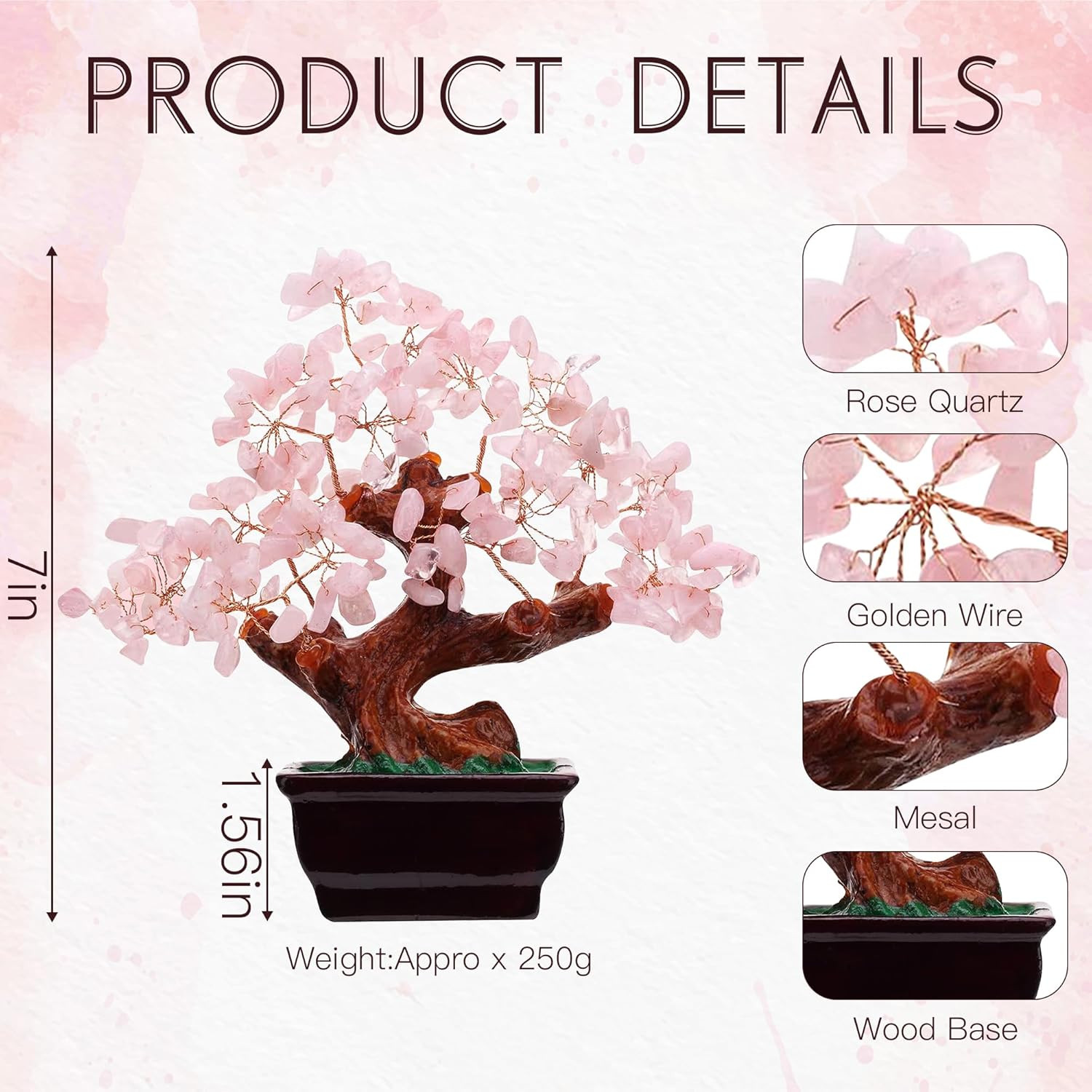 Feng Shui Natural Rose Pink Quartz Crystal Money Tree, Healing Crystal Trees Bon