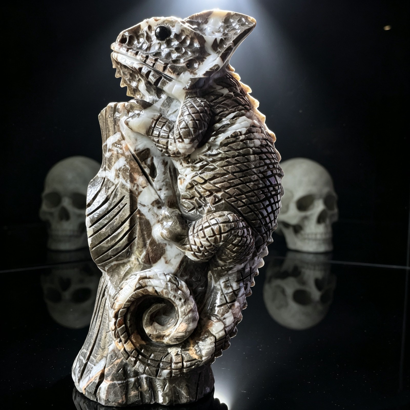 Hand Carved Natural Chocolate Stone Chameleon Figurine, Collectible Desk Decor