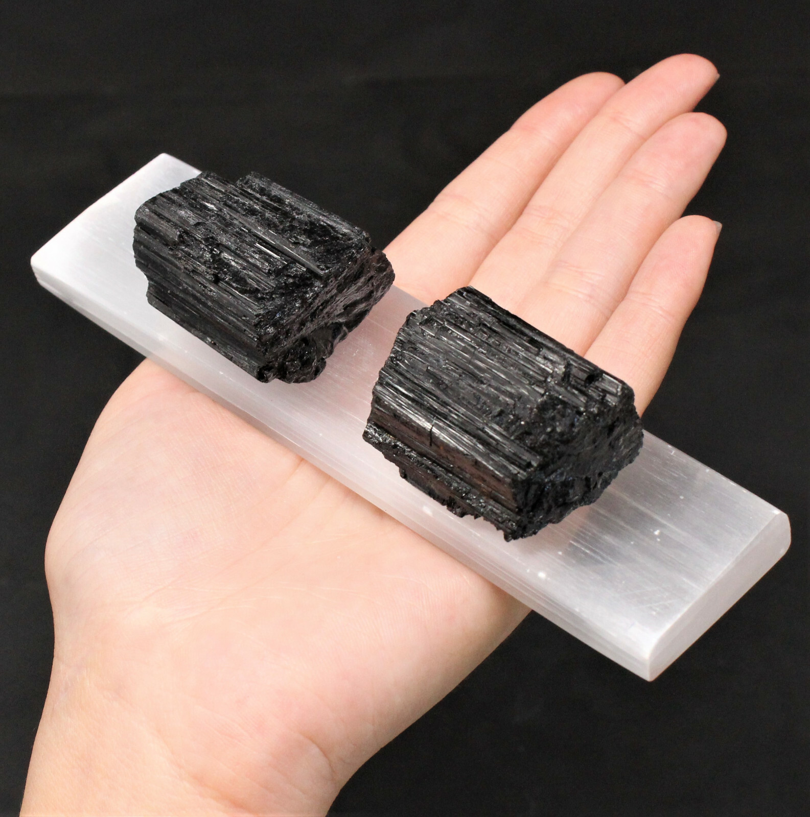 6″ Selenite Charging Plate & 2 Extra Grade Black Tourmaline Logs Home Protection