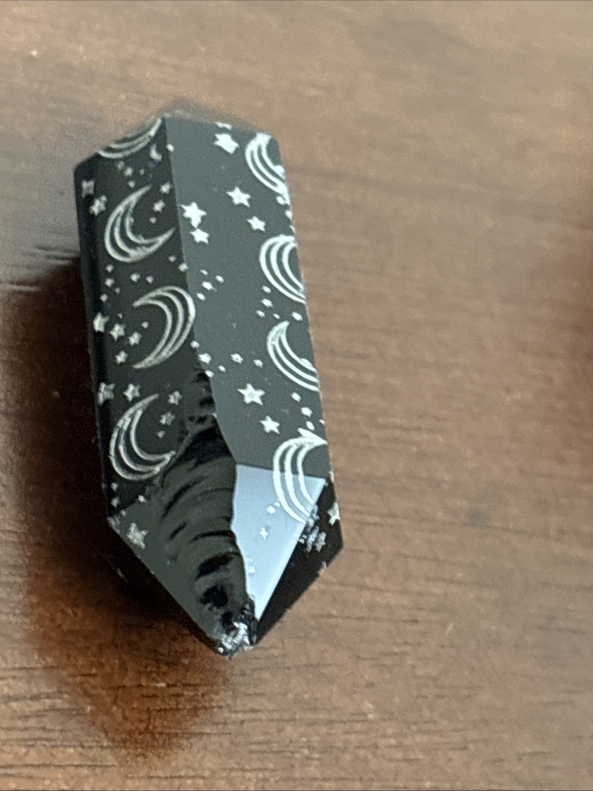 Black Obsidian Double Crystal Point Etched Moon Stars Symbols Celestial