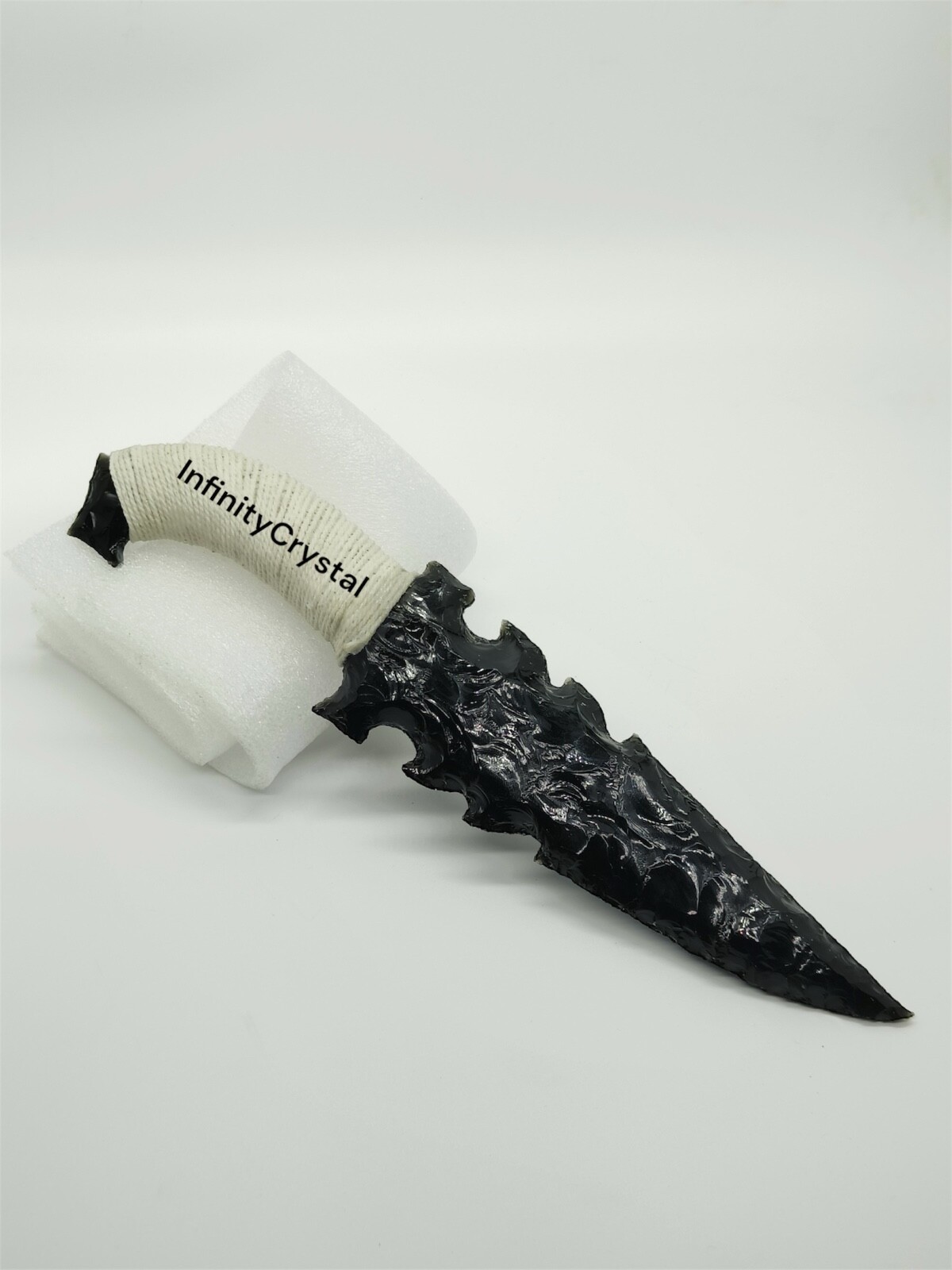 10”Large Black Obsidian Dagger,Handcrafted Knife with White Thread,Viking Athame