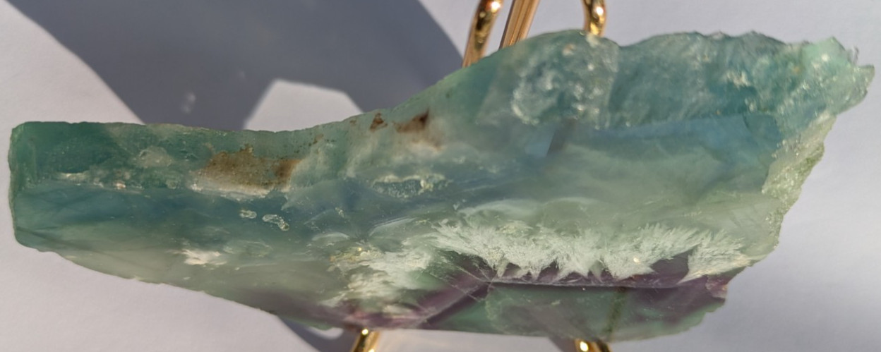Purple Green Fluorite geometric banding w/snowflake feather slab crystal Unique!