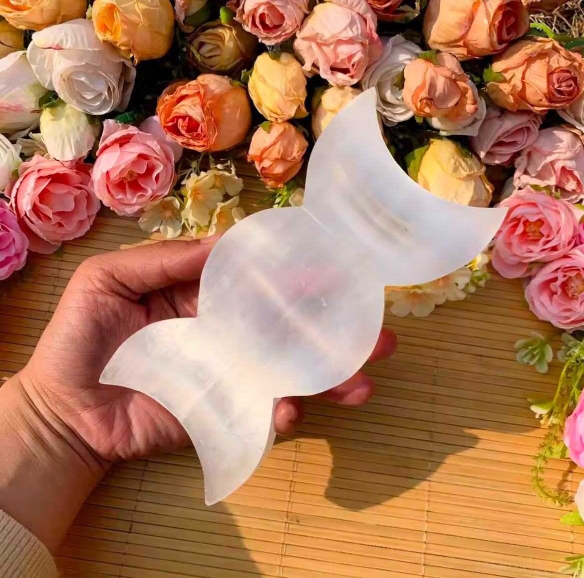 Selenite Triple Moon Bowl Smudge Dish Polished Crystal Cleansing Candy Bowl