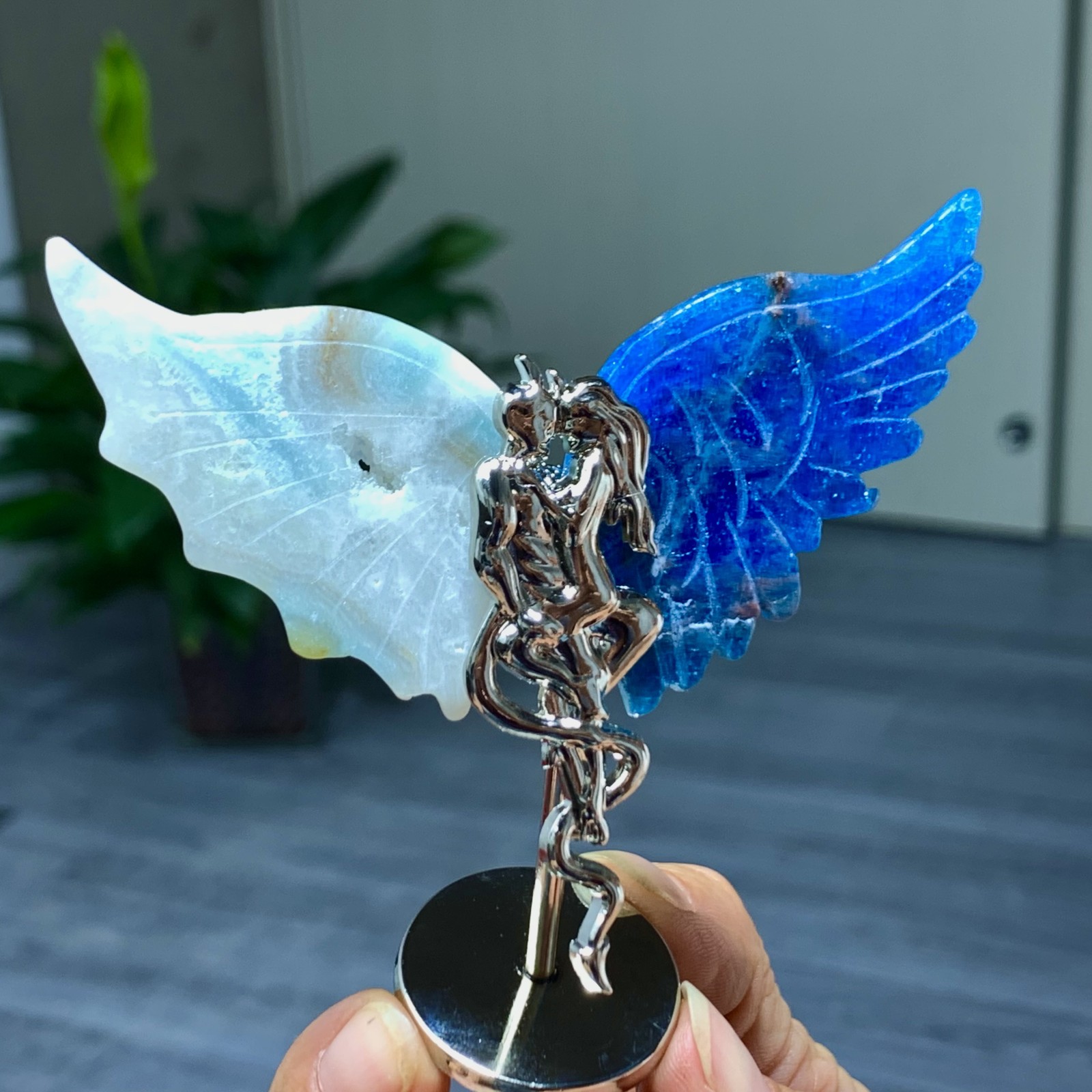 45G Natural hemimorphite and blue apatite hand carved devil angel wing specimen