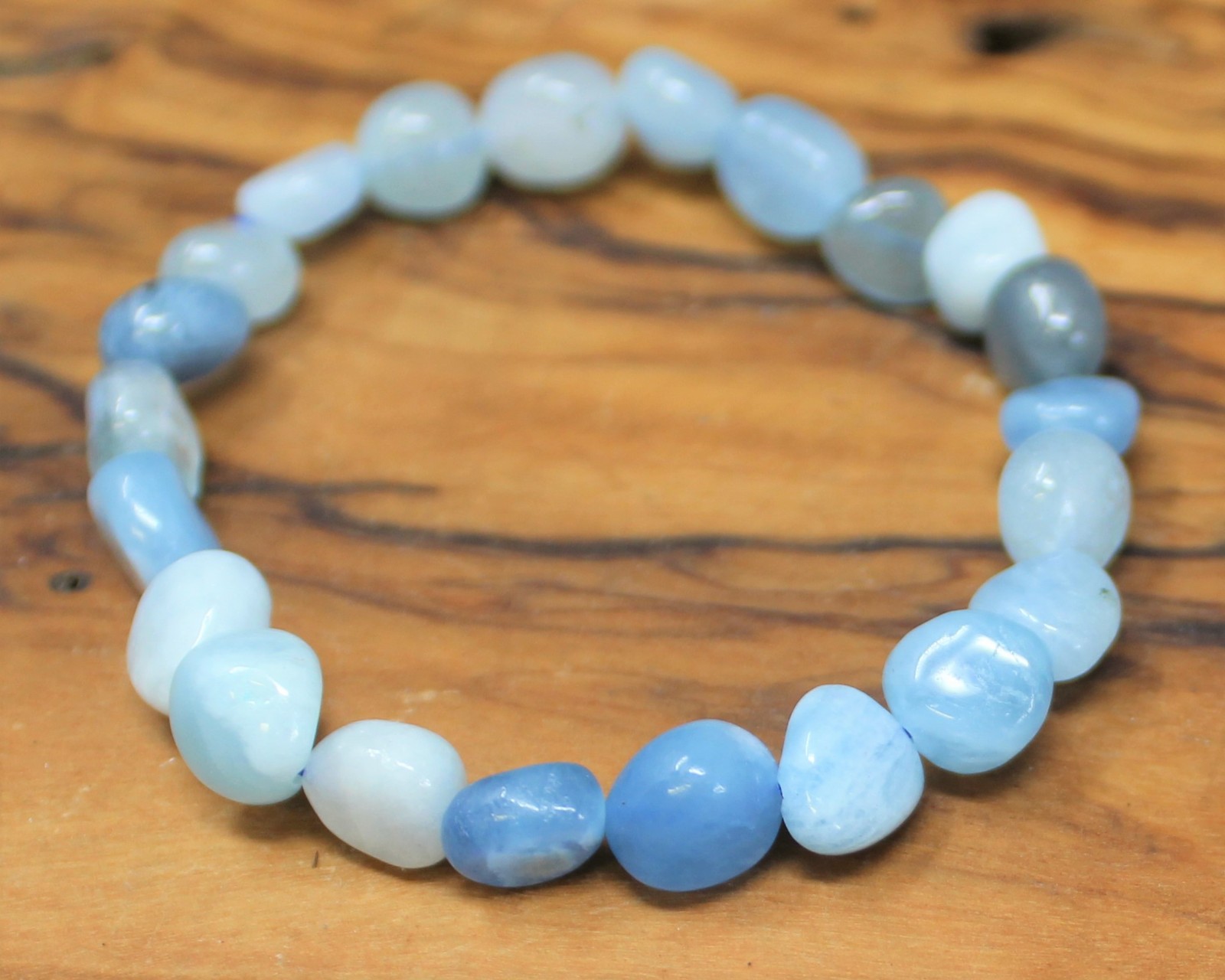 Aquamarine Tumbled Gemstone Bracelet: 6-8 mm Stones (‘A’ Grade, Stretch, Nugget)