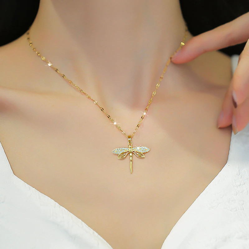 Women’s Fashion Jewelry Gold Cubic Zircon Dragonfly Pendant Necklace Gift 1PC