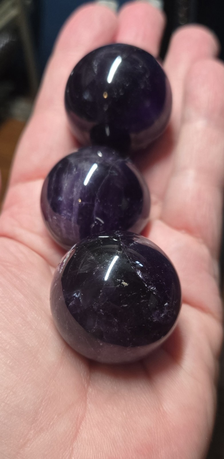 Set of 5 NEW Deep Purple Amethyst Crystal Spheres on 5 Metal Crown Stands. USA